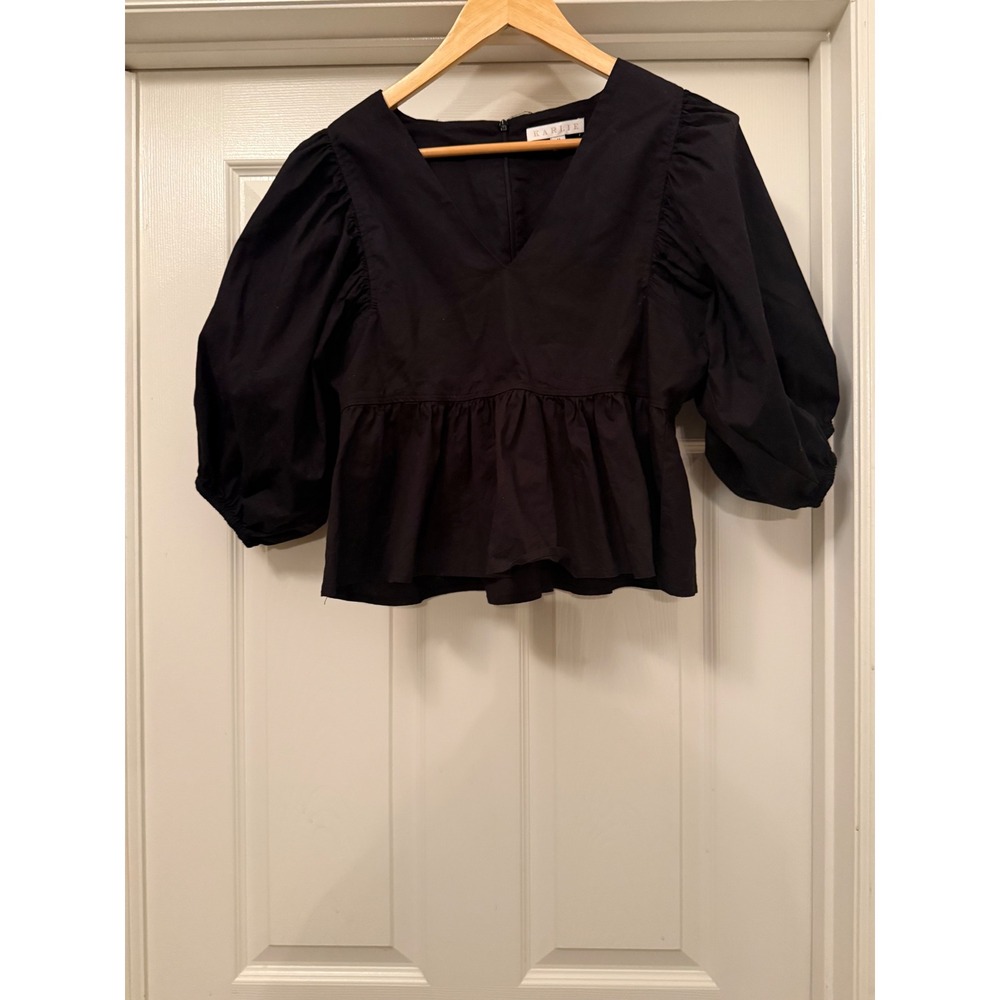 Karlie Peplum Top Women Medium Black V-Neck Puff Sleeve Cotton Poplin Zipper